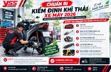 Tìm hiểu 6 bước chuẩn bị kiểm định khí thải xe máy vệ sinh lọc gió, kiểm tra bugi, hệ thống nhiên liệu và ống xả. YSS Việt Nam chia sẻ kinh nghiệm bảo dưỡng xe.